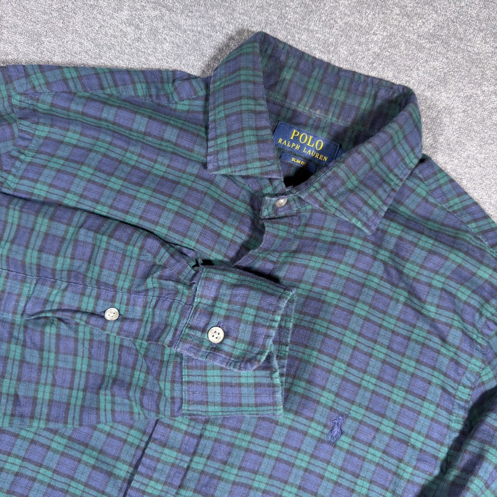 Polo Ralph Lauren Button Up Shirt Mens M Green Tartan Plaid Slim Fit Long Sleeve
